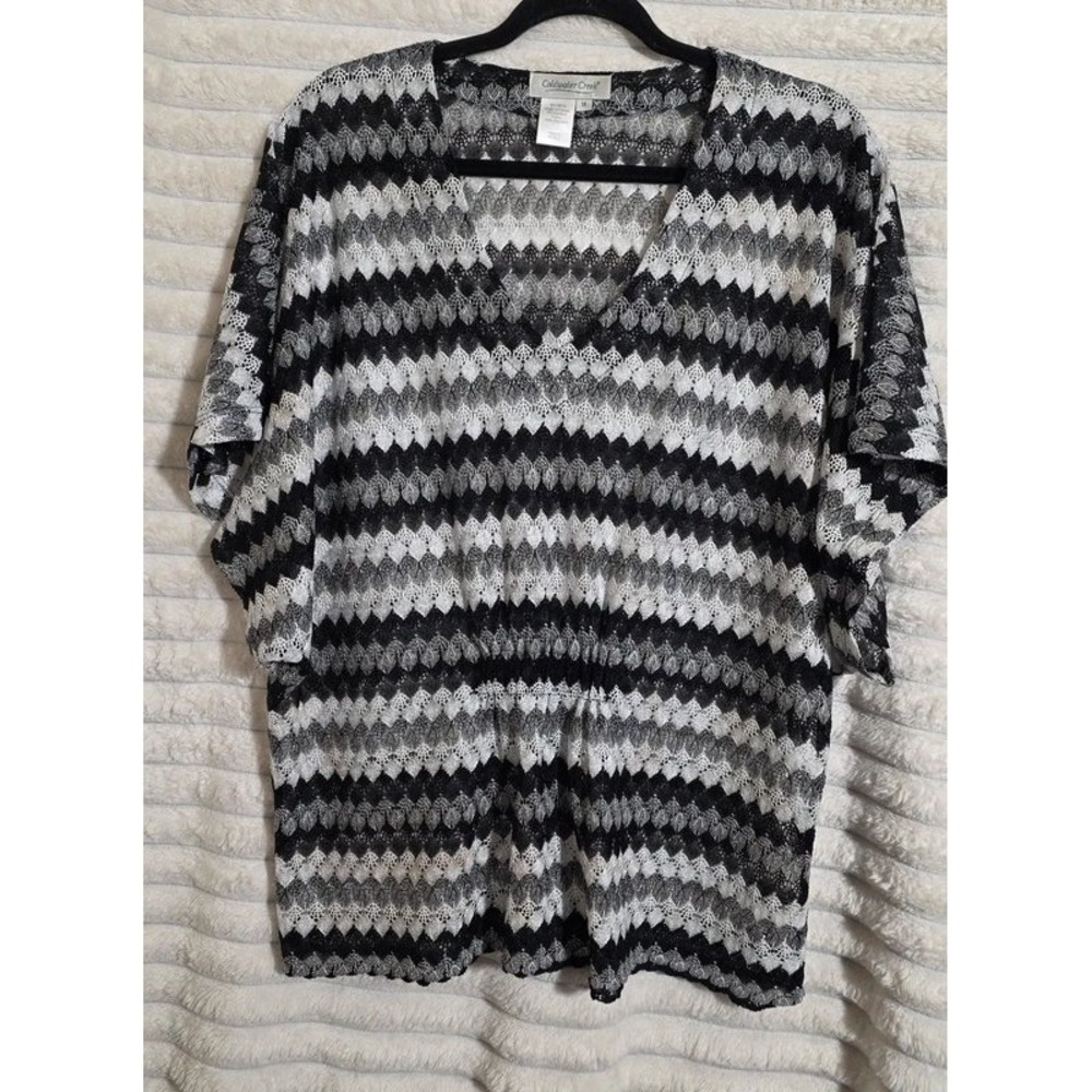 Coldwater Creek Black White Chevron Lace V-Neck Top Plus 1X Sheer Knit